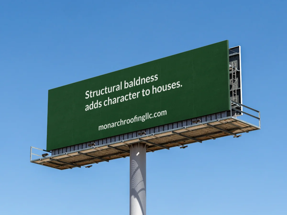 Billboard reading "Structural baldness adds character to houses."